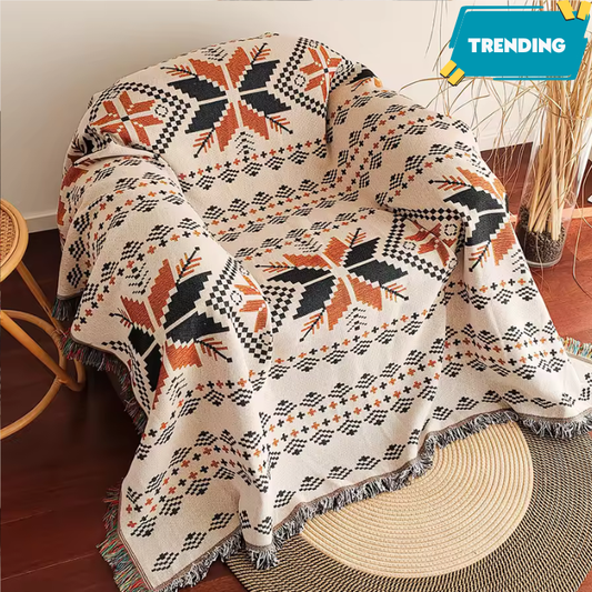 Bohemian Reversible Woven Blanket – Terracotta & Black Geometric Throw