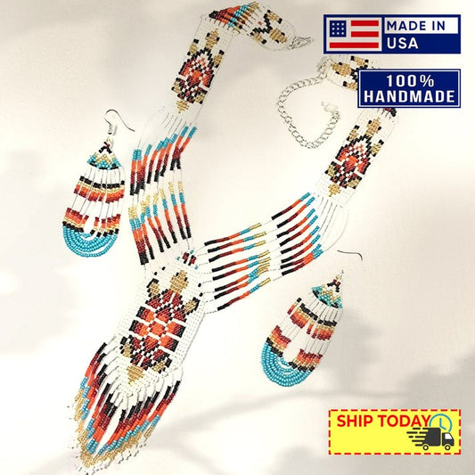 Turtle Pendant Beaded Jewelry Set – White Necklace & Earrings