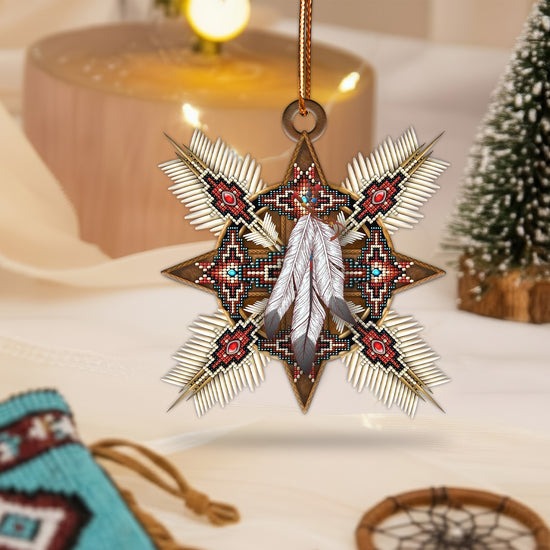 Native Beaded Star Ornament with Feathers Unique Christmas Gift Decor Flat Acrylic