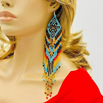 Native Style Beaded Earrings – Turquoise Blue & Black