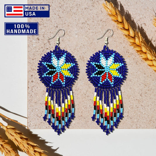 Handmade Beaded Round Fringe Earrings – Blue Four Directions Flower
