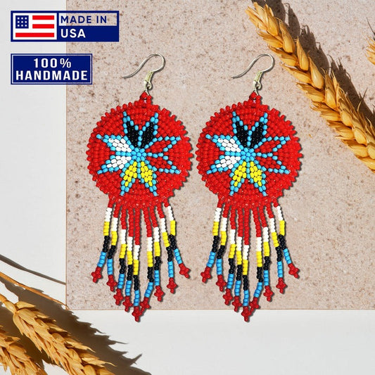 Handmade Beaded Round Fringe Earrings – Red Four Directions Flower