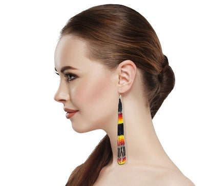 Native-Inspired Beaded Earrings – Black Fire (6 Inch)