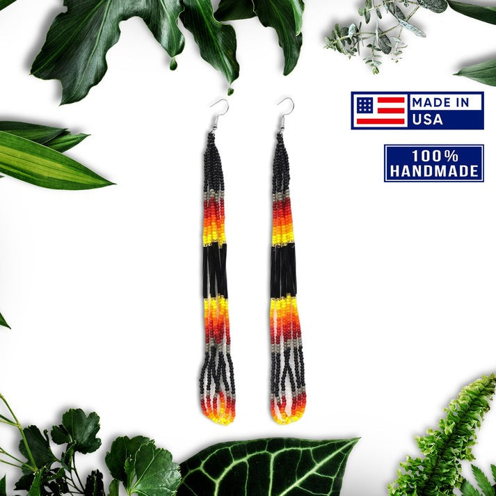 Native-Inspired Beaded Earrings – Black Fire (6 Inch)