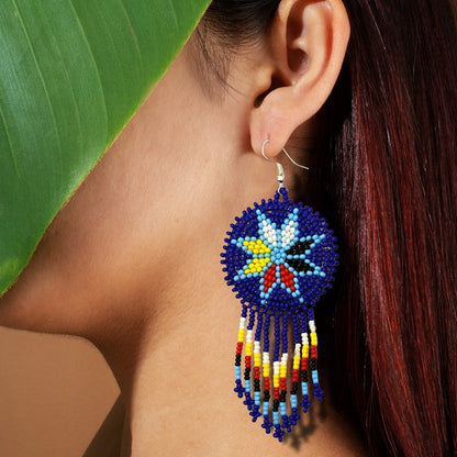 Handmade Beaded Round Fringe Earrings – Blue Four Directions Flower