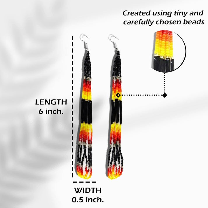 Native-Inspired Beaded Earrings – Black Fire (6 Inch)