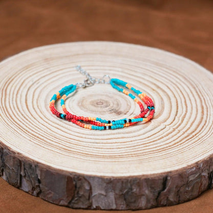 Sunset Glow Beaded Bracelet – Multi-Color Design with Red, Yellow, and Turquoise