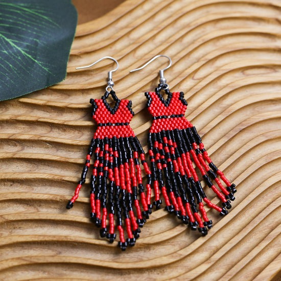 Native American Beaded Dress Earrings - Red And Black
