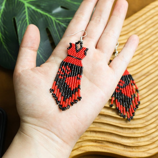Native American Beaded Dress Earrings - Red And Black