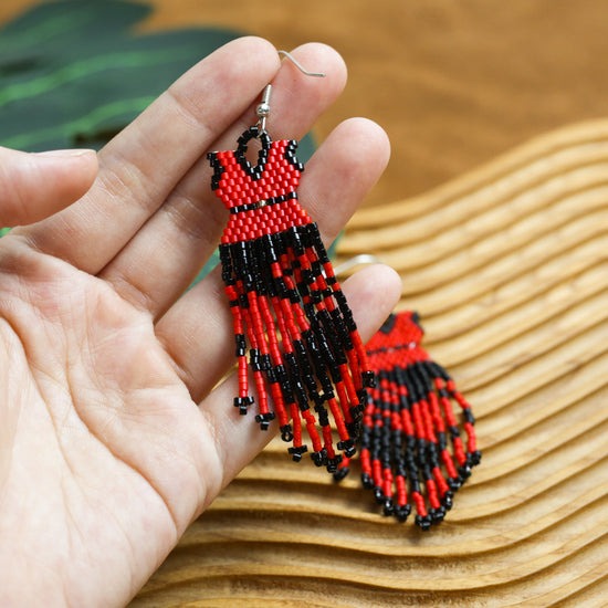 Native American Beaded Dress Earrings - Red And Black