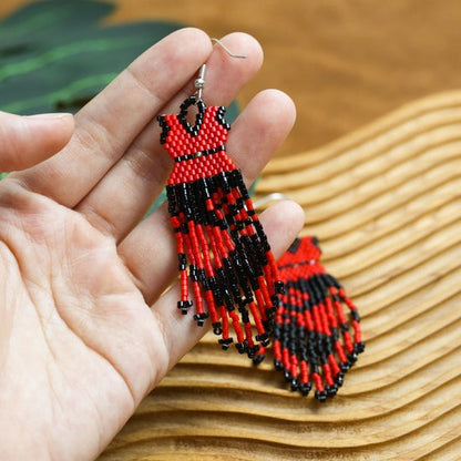 Native American Beaded Dress Earrings - Red And Black