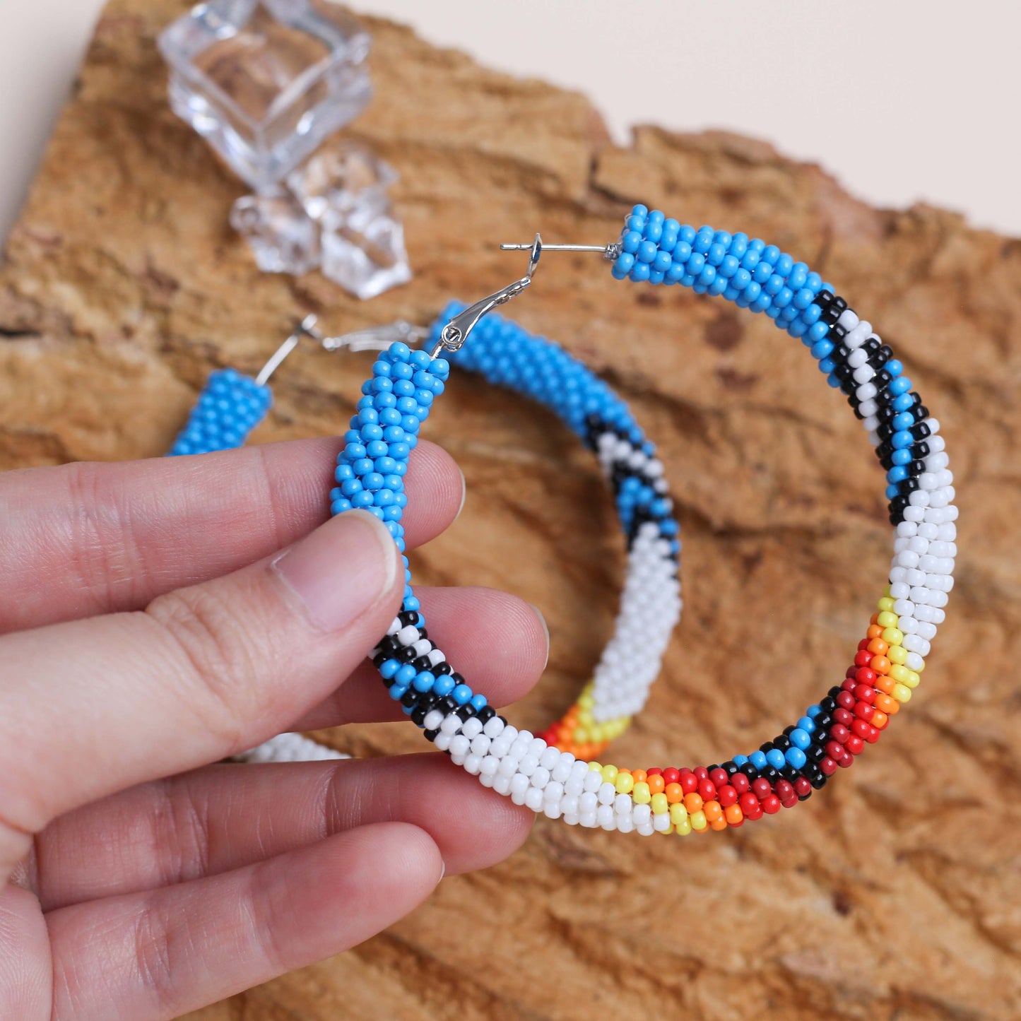 Handmade Dark Blue Pattern Beaded Earrings for Women