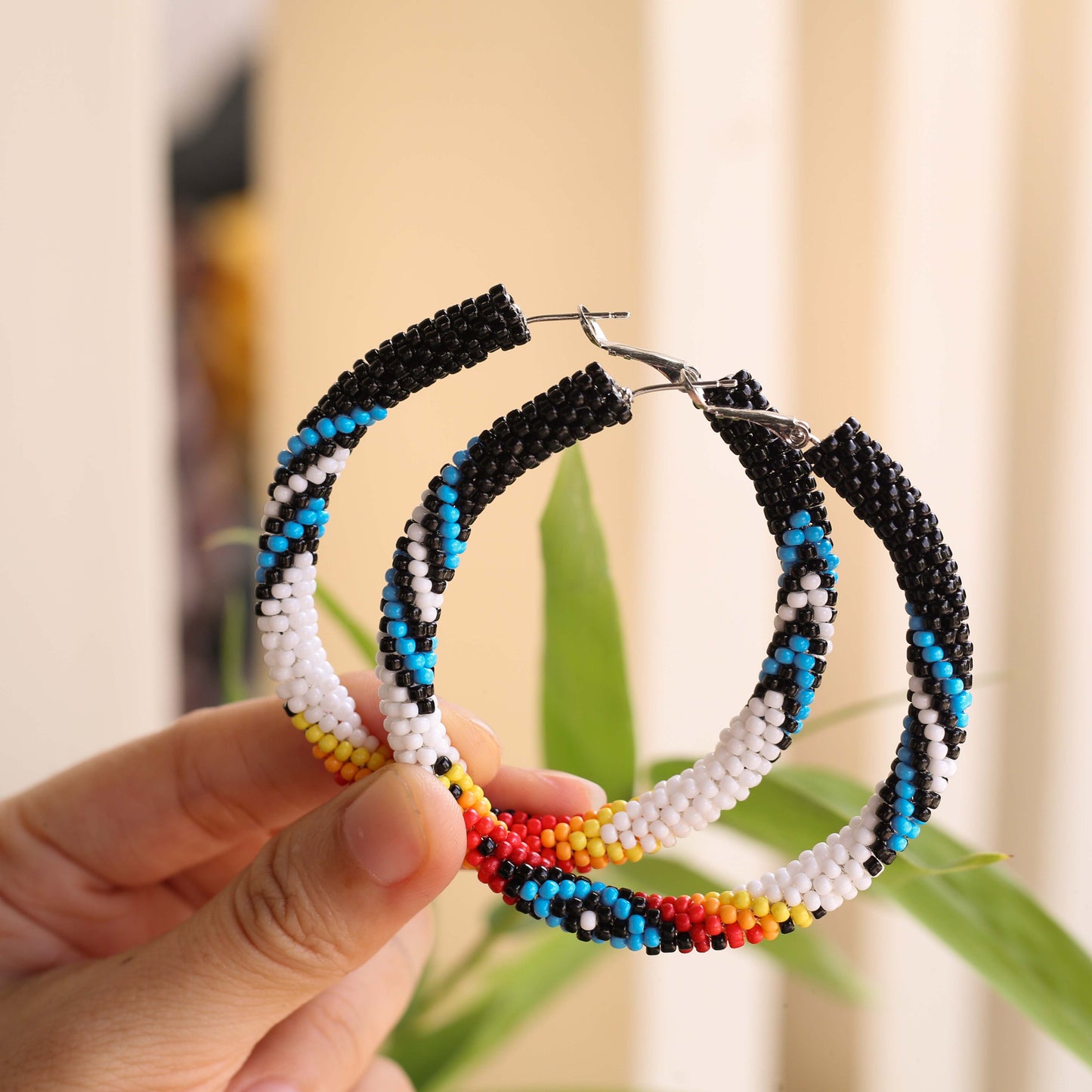 Handmade Dark Blue Pattern Beaded Earrings for Women
