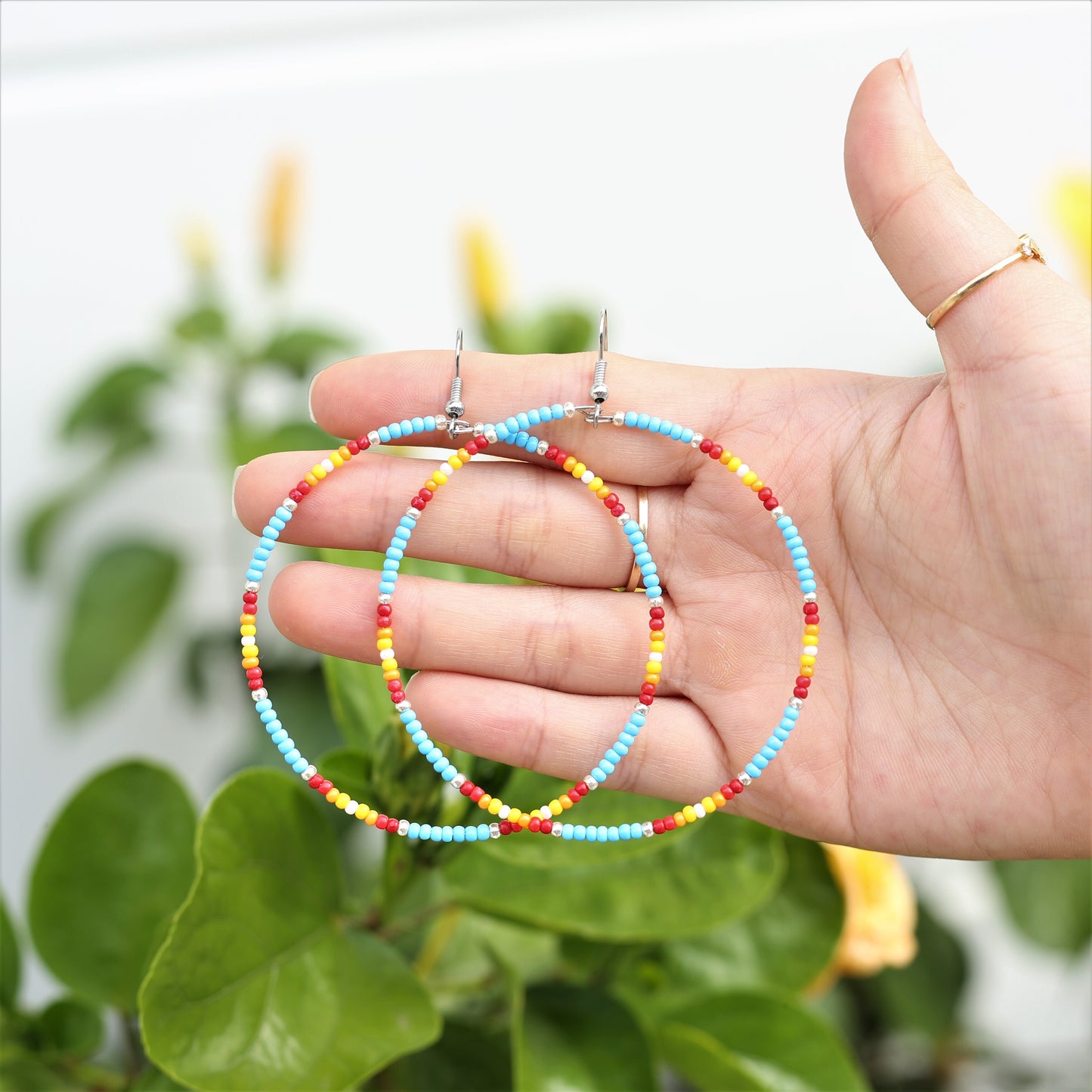 Native Inspired Blue Round Beaded Handmade Hoop Earrings for Women