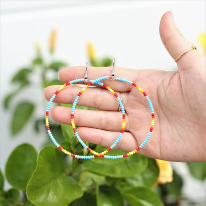 Native Inspired Blue Round Beaded Handmade Hoop Earrings for Women