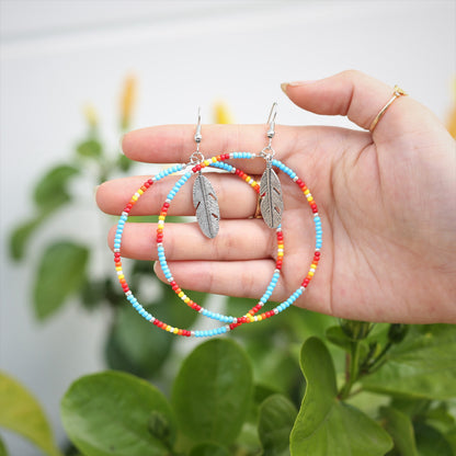 Native Inspired Blue Round Beaded Handmade Hoop Earrings for Women