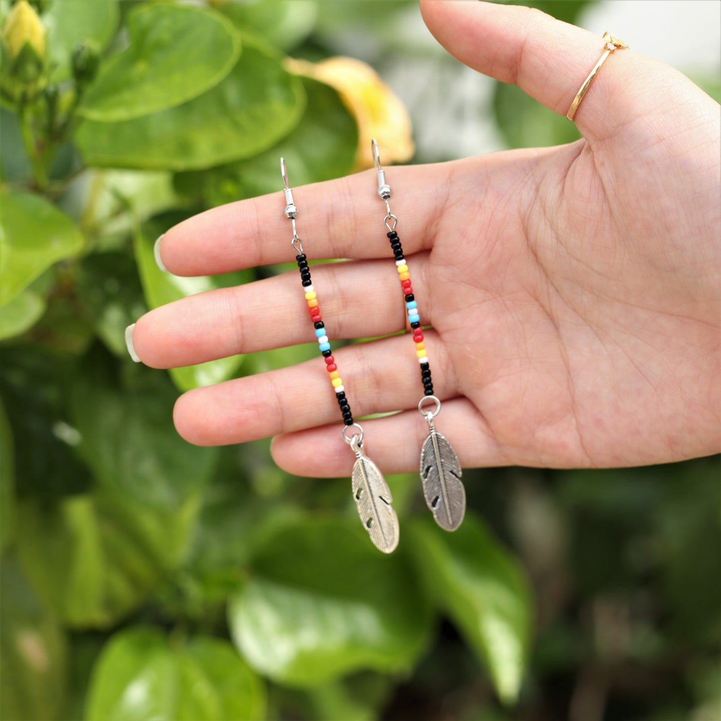 Native Feather Beaded Drop Earrings – Handmade Black & Blue Color