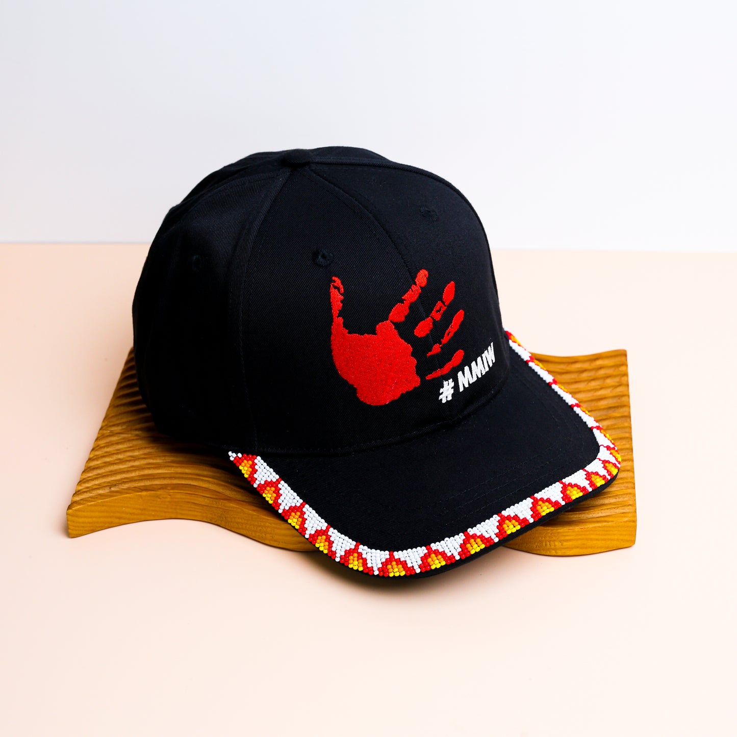 MMIW Red Hand Embroidered Handmade Beaded Brim Baseball Cap Native American Style