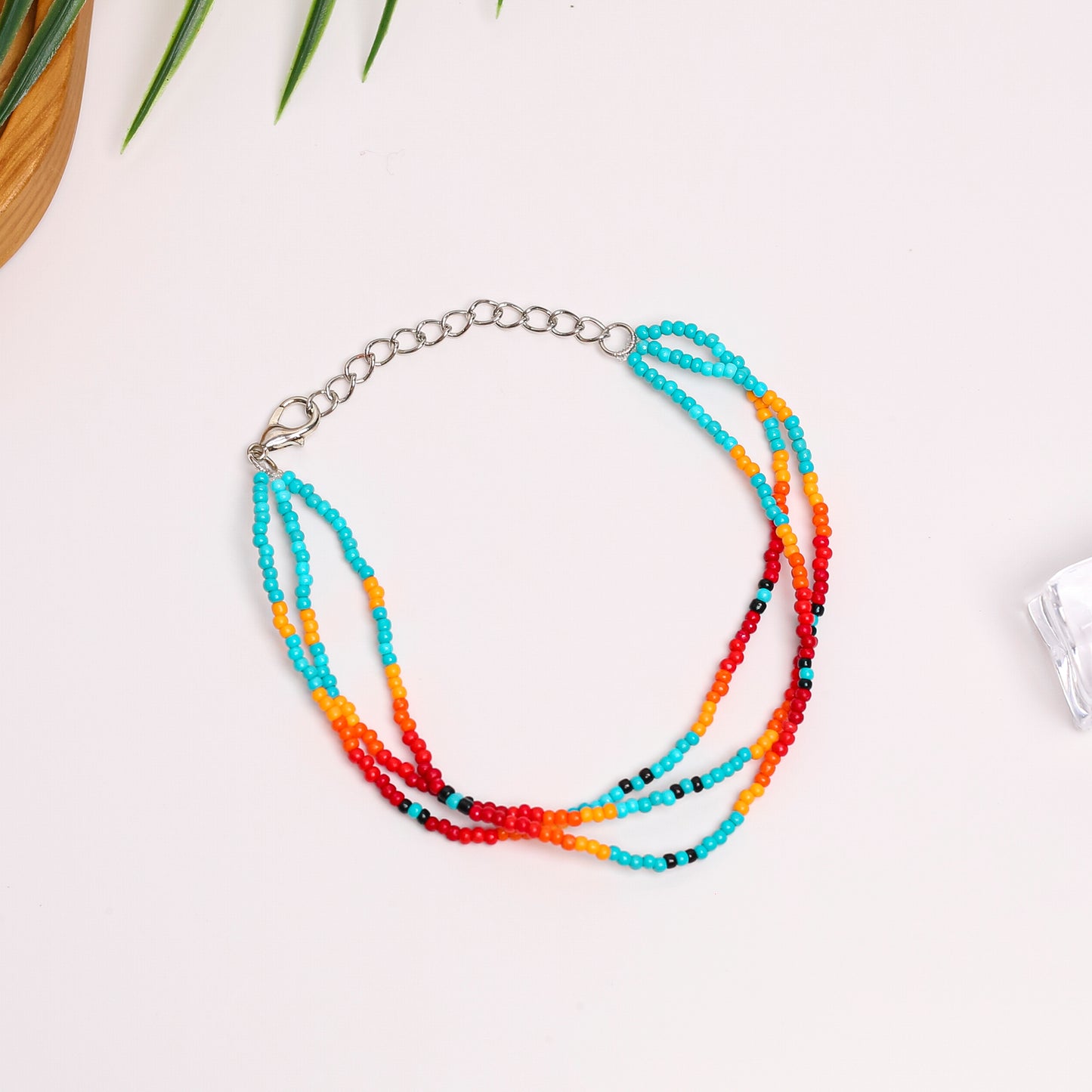 Sunset Glow Beaded Bracelet – Multi-Color Design with Red, Yellow, and Turquoise