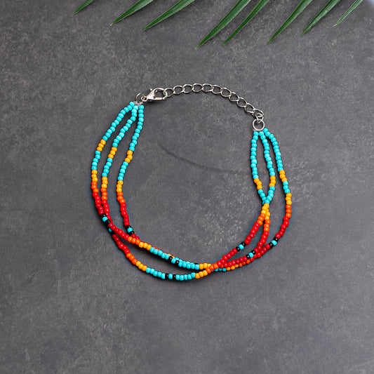Sunset Glow Beaded Bracelet – Multi-Color Design with Red, Yellow, and Turquoise