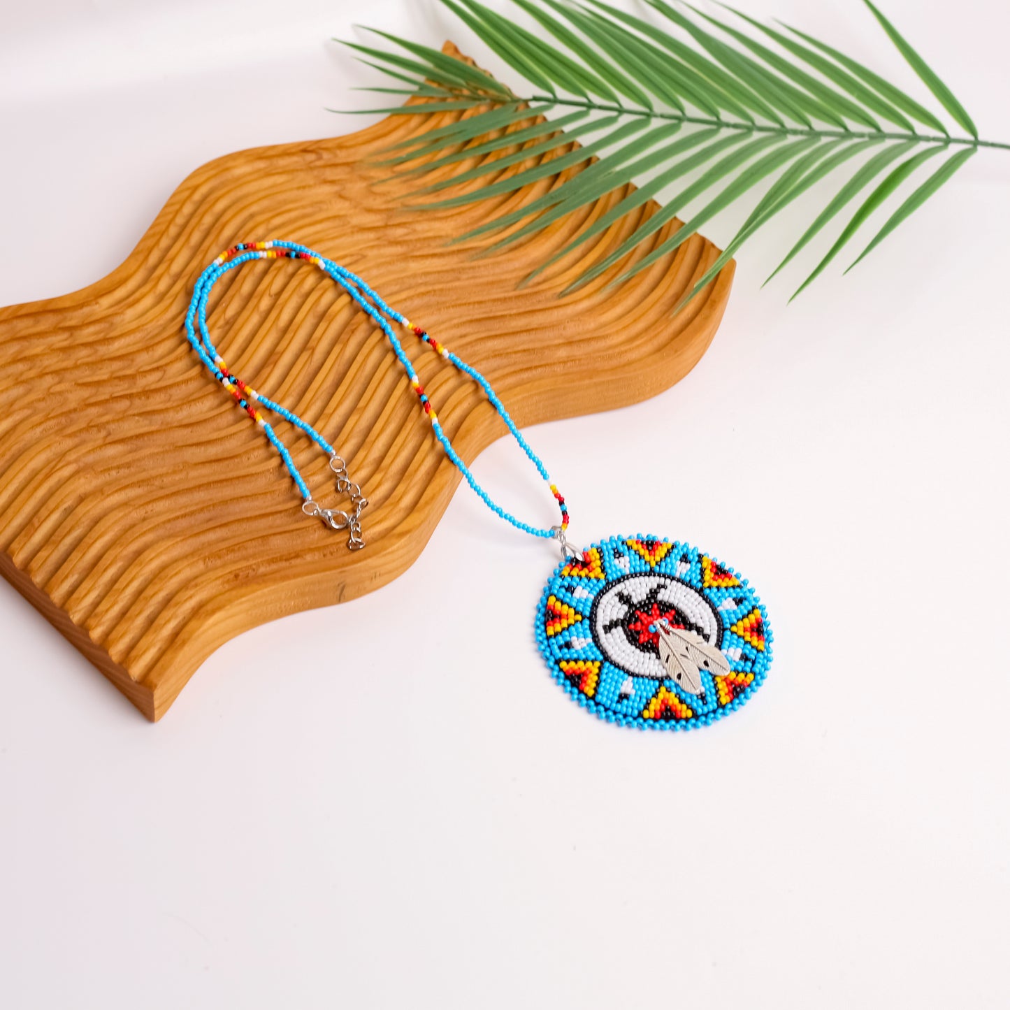 Blue Turtle Feather Handmade Beaded Wire Necklace Pendant Unisex With Native American Style