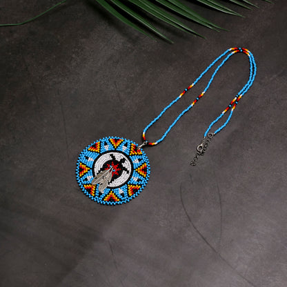 Blue Turtle Feather Handmade Beaded Wire Necklace Pendant Unisex With Native American Style