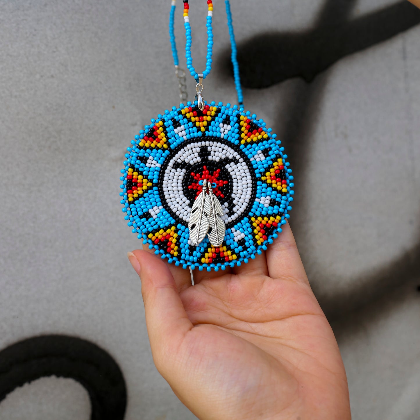 Blue Turtle Feather Handmade Beaded Wire Necklace Pendant Unisex With Native American Style