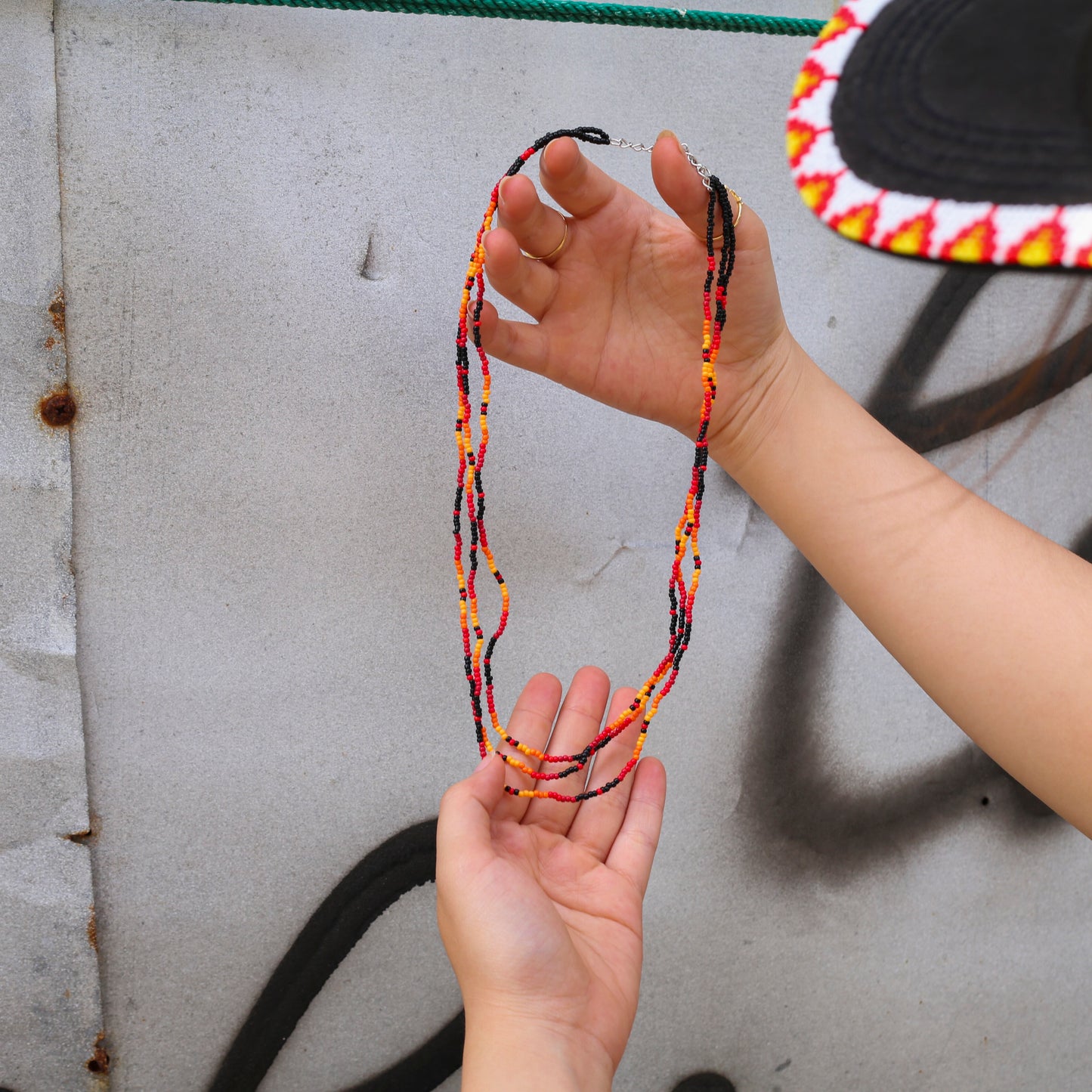 Sunset Harmony Beaded Necklace – Red, Orange, Yellow & Black Beads