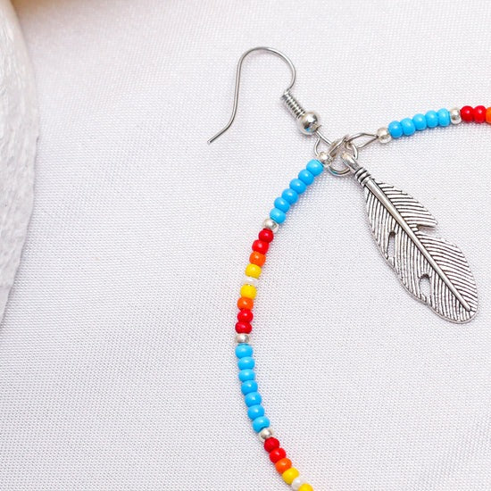 Native Inspired Blue Round Beaded Handmade Hoop Earrings for Women