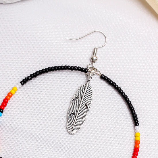 Native Inspired Black Round Beaded Handmade Hoop Earrings for Women