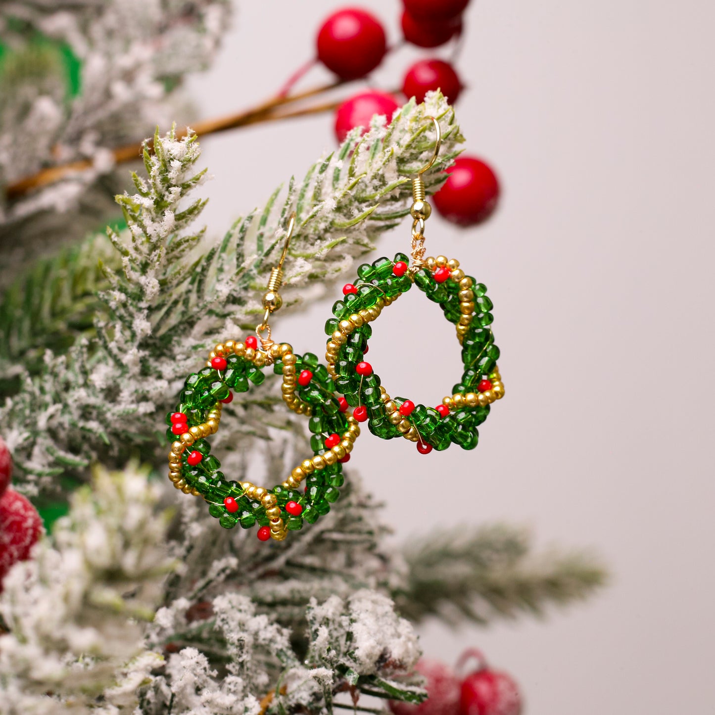 Native-Inspired Beaded Christmas Wreath Earrings