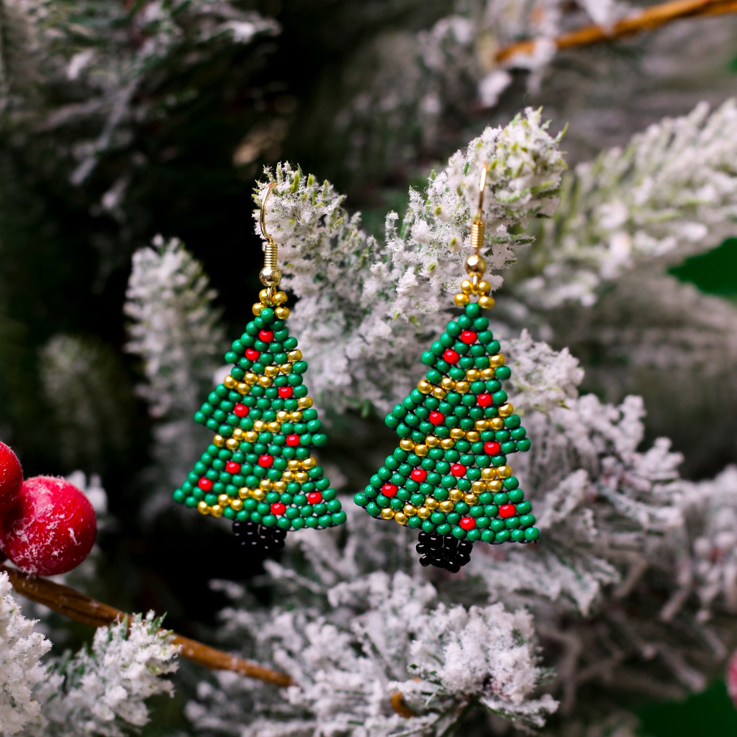 Native-Inspired Beaded Christmas Tree Earrings
