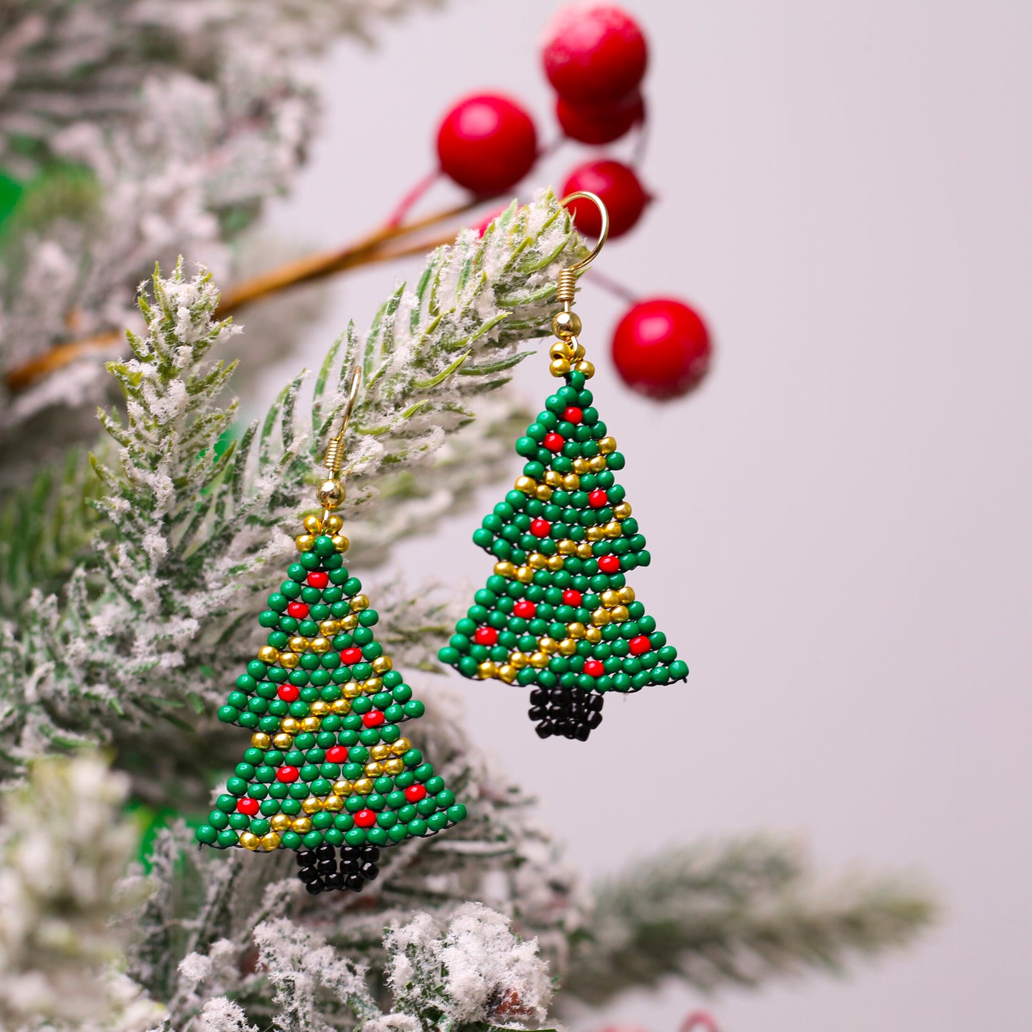 Native-Inspired Beaded Christmas Tree Earrings