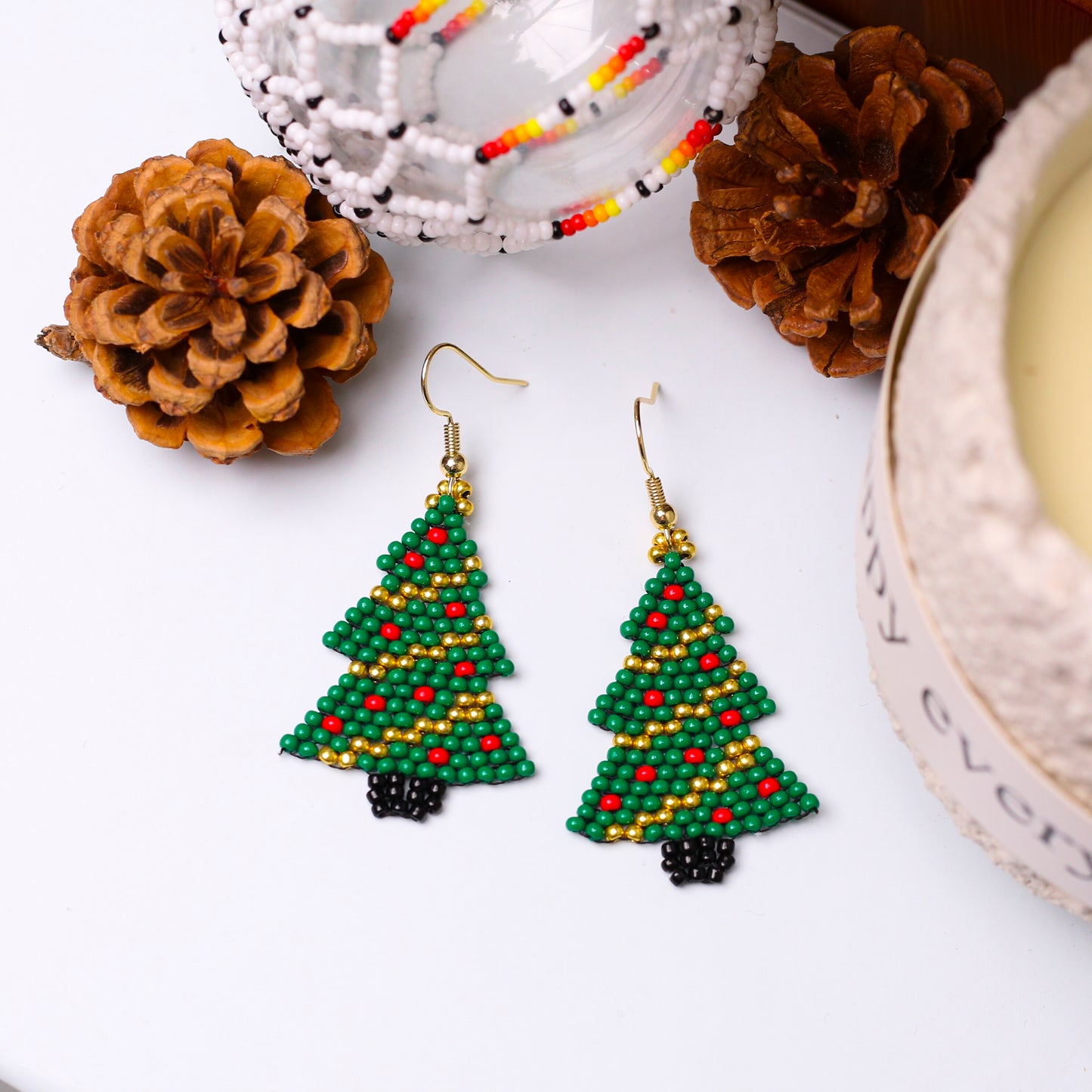 Native-Inspired Beaded Christmas Tree Earrings