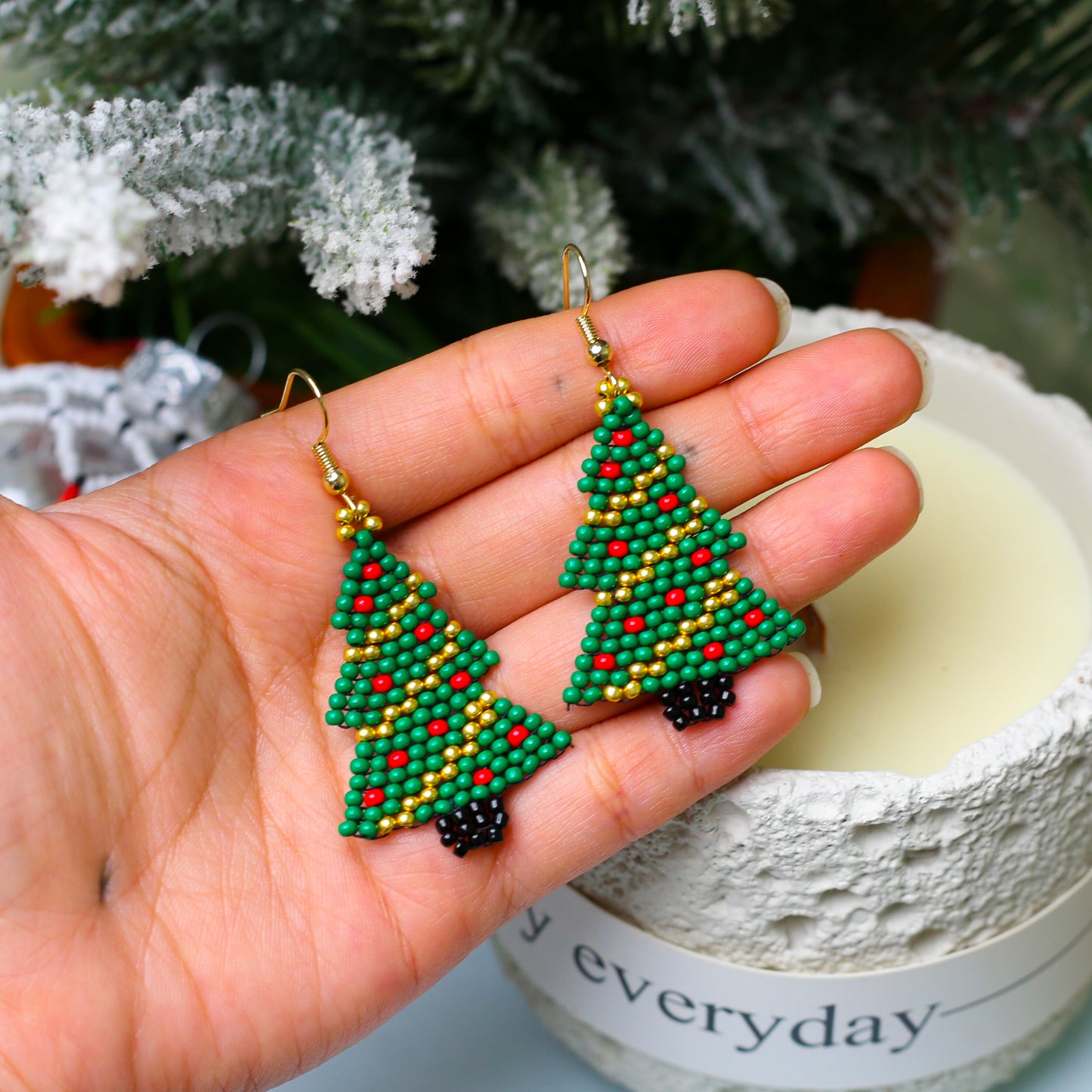 Native-Inspired Beaded Christmas Tree Earrings