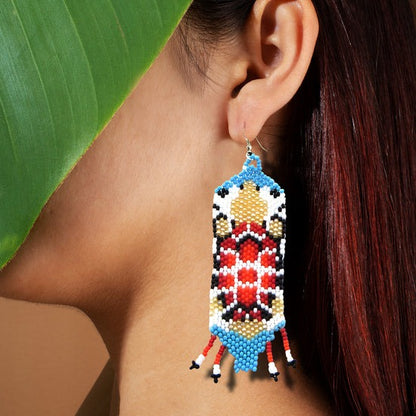 Handmade Beaded Turtle Pattern Earrings – Red & Cyan Blue Seed Beads