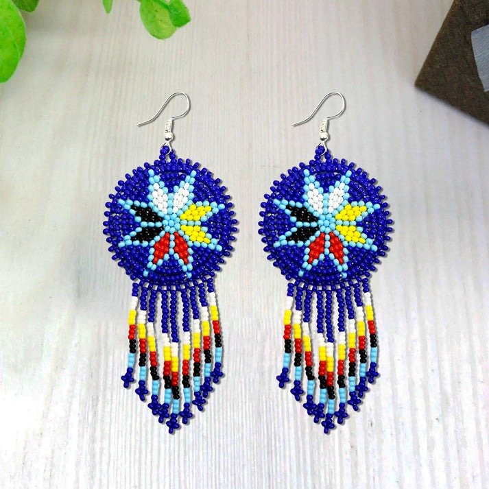 Handmade Beaded Round Fringe Earrings – Blue Four Directions Flower