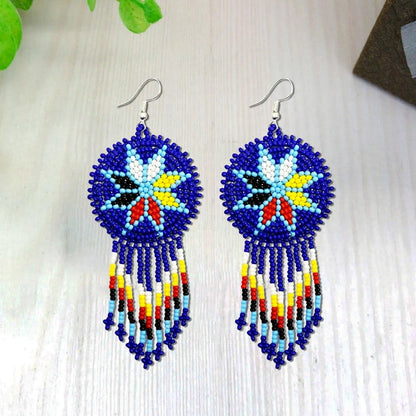 Handmade Beaded Round Fringe Earrings – Blue Four Directions Flower