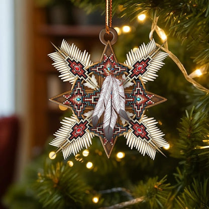 Native Beaded Star Ornament with Feathers Unique Christmas Gift Decor Flat Acrylic