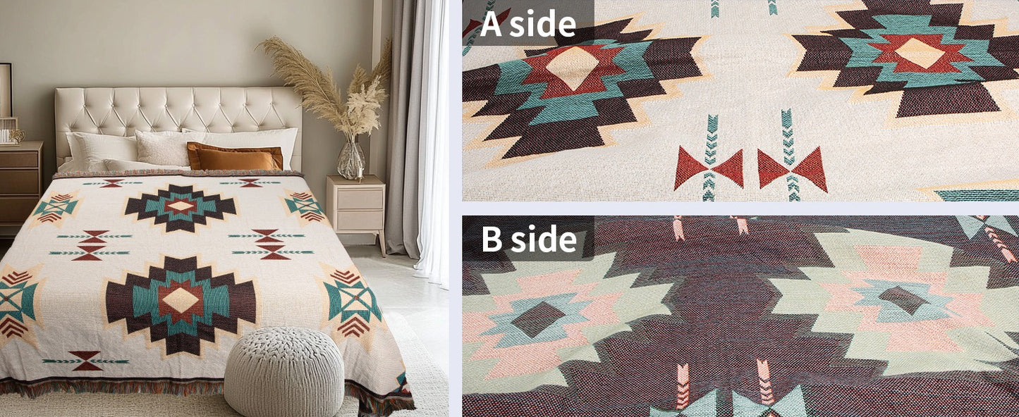[HOT]Southwestern Reversible Woven Blanket – Native-Inspired Geometric Sand & Turquoise Throw