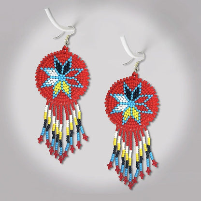Handmade Beaded Round Fringe Earrings – Red Four Directions Flower