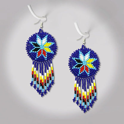 Handmade Beaded Round Fringe Earrings – Blue Four Directions Flower