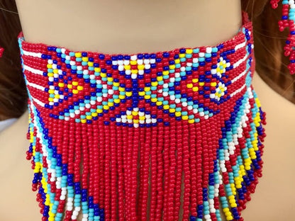 Native-Inspired Red Chevron Beaded Necklace Set (With Matching Earrings)