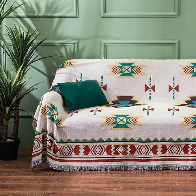[HOT]Southwestern Reversible Woven Blanket – Native-Inspired Geometric Sand & Turquoise Throw
