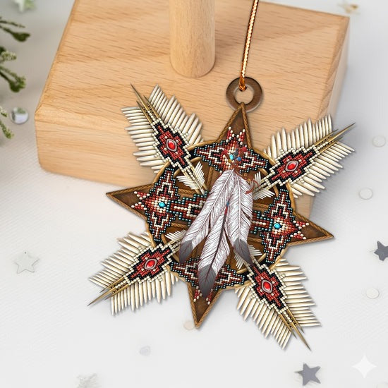 Native Beaded Star Ornament with Feathers Unique Christmas Gift Decor Flat Acrylic