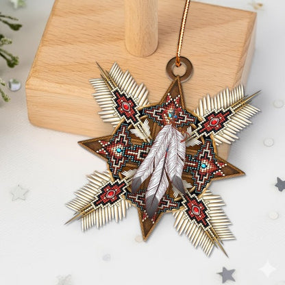 Native Beaded Star Ornament with Feathers Unique Christmas Gift Decor Flat Acrylic