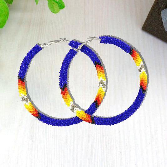 Handmade Deep Blue Pattern Hoop Beaded Earrings for Women