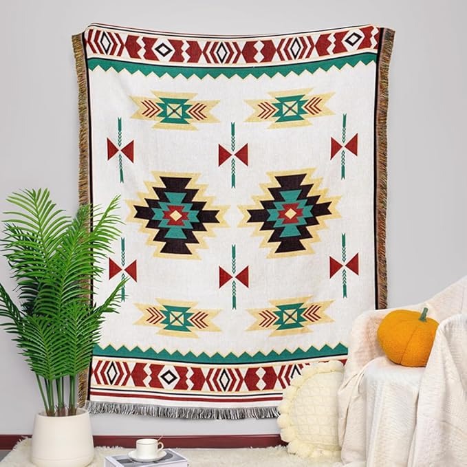 [HOT]Southwestern Reversible Woven Blanket – Native-Inspired Geometric Sand & Turquoise Throw