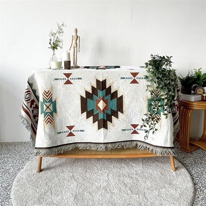 [HOT]Southwestern Reversible Woven Blanket – Native-Inspired Geometric Sand & Turquoise Throw