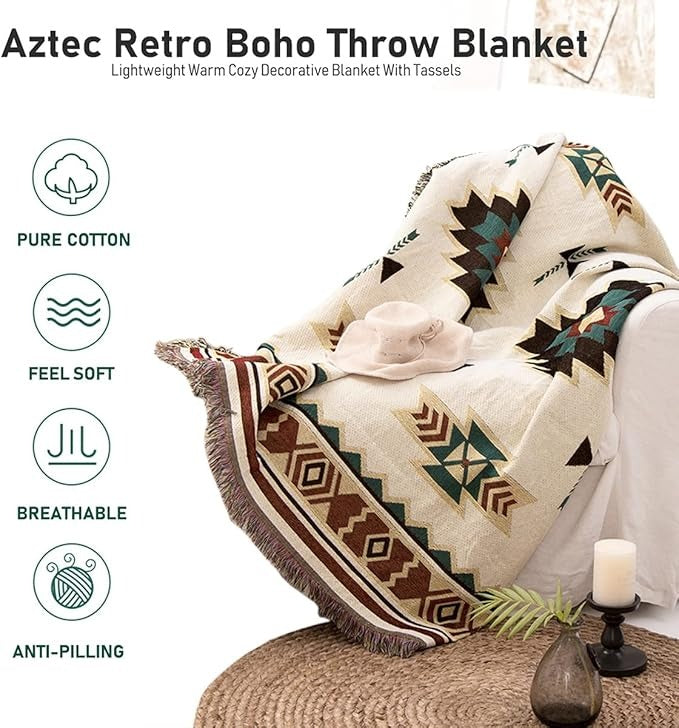 [HOT]Southwestern Reversible Woven Blanket – Native-Inspired Geometric Sand & Turquoise Throw